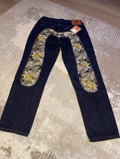 Evisu Mens Denim Jeans -Gold & Black Floral Large Seagull Logo - New - 32