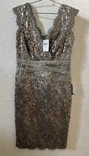 Tadashi Shoji 10 Sequin Lace Smoke Pearl Formal Dress Surplice Vneck, Stretch