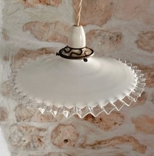 Antique French Frilly Opaline Glass Coolie Light Shade + Gallery Ceiling Pendant
