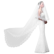Women Pure White Wedding Veil for Long Embroidered Floral Lace Scalloped Edge