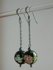 Vintage CLOISONNE Black Blue Green Pink Flower Beads & Oxidised Silver Earrings.