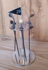 VINTAGE SILVER CHROME PLATED GOLF BALL CLUBS 19th HOLE HOLDER COCKTAIL STICKS