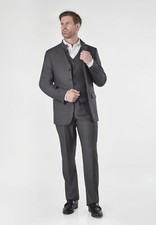 Mens Grey Chinese Grandad Collar 3 Piece Suit Fitted Nehru Jacket Wedding Party