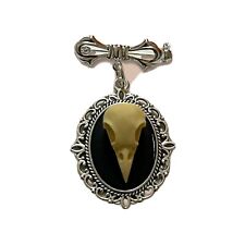 Crow Raven Bird Skull Faux Taxidermy Oval Silver Plated  Brooch