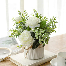 Artificial Flowers with Ceramic Vase Faux Silk Rose Fake Plants in Pots Arran...