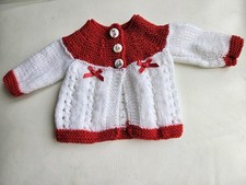 hand knitted baby Christmas cardigan newborn red & white  New