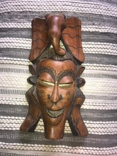 Large Carved Wood African Face With Elephant Vintage Mask Africa Carving 44x21cm