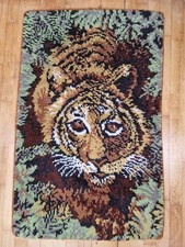 Mid Century Hand Made Tiger Latch Hook Shaggy Rug Wall Hanging 1970's