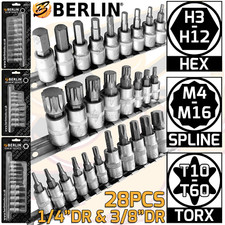 Hex Torx Spline Bit Sockets 1/4" & 3/8" Drive Short Reach Allen HX Star TX 28pc