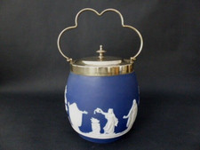 19th c Adams Jasper Ware Blue Biscuit Barrel/ Ice Bucket - Silver Plate Fittings