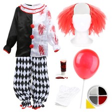 BOYS SCARY CLOWN HALLOWEEN FANCY DRESS COSTUME GIRLS HORROR COSTUME WIG GLOVES
