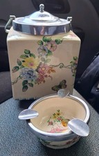 Art Deco Parrott & Co. Coronet Ware Butterfly Pattern Biscuit Barrel & Ashtray