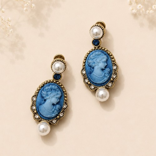 Blue cameo statement - cameo, earrings