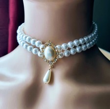 Retro Vintage Style Faux Diamond Pearl Choker Cameo Charm Multilayer Necklace UK