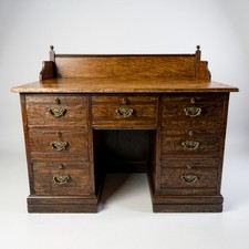 Antique Oak Twin Pedestal Victorian Desk – 7 Drawer – Original Brass Handles