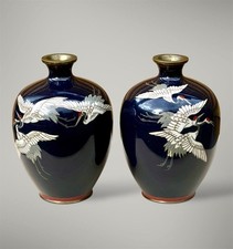 A Pair of Japanese Cloisonné Enamel Vases with Cranes. Meiji Era