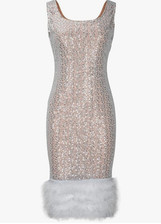 Cocktail Ladies Women Wedding Guest Feather Hem Sequin Midi Dress Size S