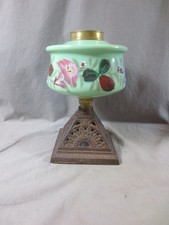 ANTIQUE GREEN GLASS DUPLEX OIL LAMP FONT & BASE    3 HAIRLINE FLAWS NEAR COLLAR