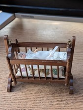 Vintage Dolls House Furniture Crib With Articulated Ceramic Baby