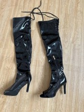 Black Latex Heeled Boots Size 4 Perfect Condition Heel 9cm 