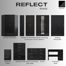REFLECT High Gloss Bedroom Furniture Wardrobe Chest Bedside Desk Option in Black