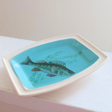 50s Vintage Sandygate Devon Ceramic Pottery Dish Zander Fish Blue Trinket Tray