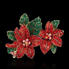 Deluxe Handcrafted Rhinestone Poinsettias Christmas Brooch Pin Gift