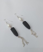 Hand cut Whitby Jet and baroque pearl drop earrings