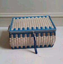 Vintage Blue & White Woven Plastic Rectangular Sewing Box Excellent Condition