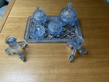  BAGLEY Blue Glass 7 Piece Dressing Table Set ART DECO - EXCELLENT CONDITION