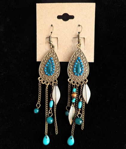 Blue beaded leaf charm - beaded, dangle