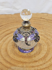 Vintage Purple Enamel Brass & Glass Perfume Bottle. Rhinestones. Dragonfly. Boho