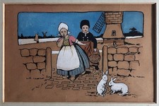 Art Deco Painting Watercolour Dutch Children with rabbits & windmill