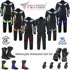 Mens Motorbike Suit sets Motorcycle Waterproof Suits Leather Boots Armoured UK
