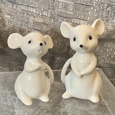 Pair Of Cute White Porcelain Mice Figurines