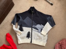 New Zara High Neck Jumper cardigan blue white ski trees winter thick knit size m