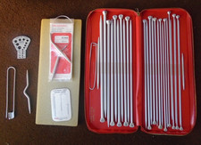 VINTAGE AERO KNITTING NEEDLES SET IN RED CASE + EXTRAS