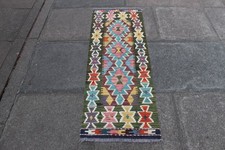 Kilim Vintage Traditional HandMade Oriental Green Wool Kilim Short Runner 150x56