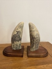 SCRIMSHAW RESIN REPLICA WHALE TOOTH NAUTICAL BOOKENDS ORNAMENTS SIGNED HH