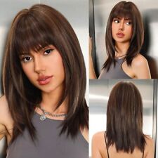 Womens Medium Long Wigs Straight Dark Brown with Bangs Layered Hair Natural Wigs