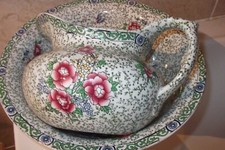 MAILING CETEM WARE POTTERY PINK FLOWER /BUTTERFLIES ON GREEN LEAF WASH JUG +BOWL
