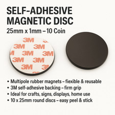 Self Adhesive Magnetic Discs 25mm x 1mm – 10 Coins – 3M Backing Multipole