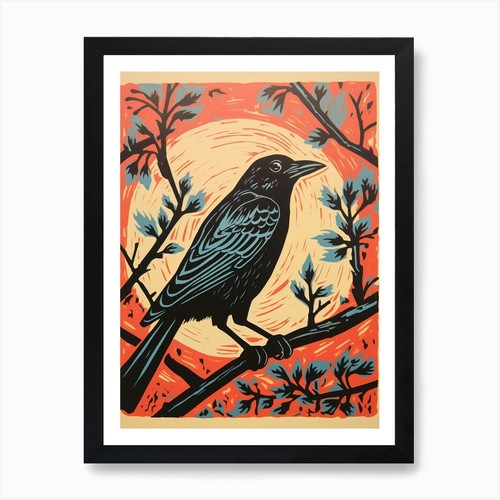 Vintage bird linocut crow - linocut,