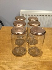 6 Glass Jam Jars 454g used Preserve Jars and With gold colour Lids