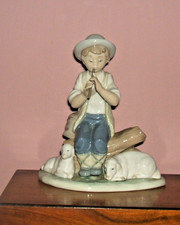 NAO FIGURINE " Shepherd Boy On Log Playing A Whistle With 2 Lambs"