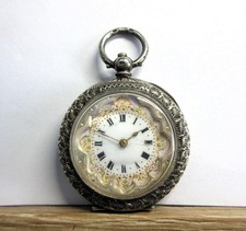 Antique SOLID SILVER CASED Ladies ENAMELLED SWISS FOB WATCH #1