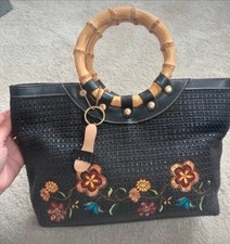 Vintage black beach bag straw / raffia embroidered sequin florals, bamboo handle