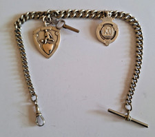 Sterling Silver Antique Albert Graduated Curb Link watch chain & fobs (49g)