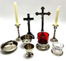 Vintage Catholic Altar Set Crucifixes Candle Holders Communion Dishes Wine Glass