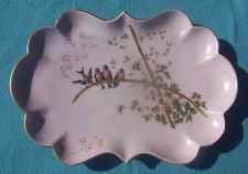 ANTIQUE VICTORIAN ERA 21x30CM LIMOGES DEPOSE PINK GILT GOLD PORCELAIN BIRD TRAY